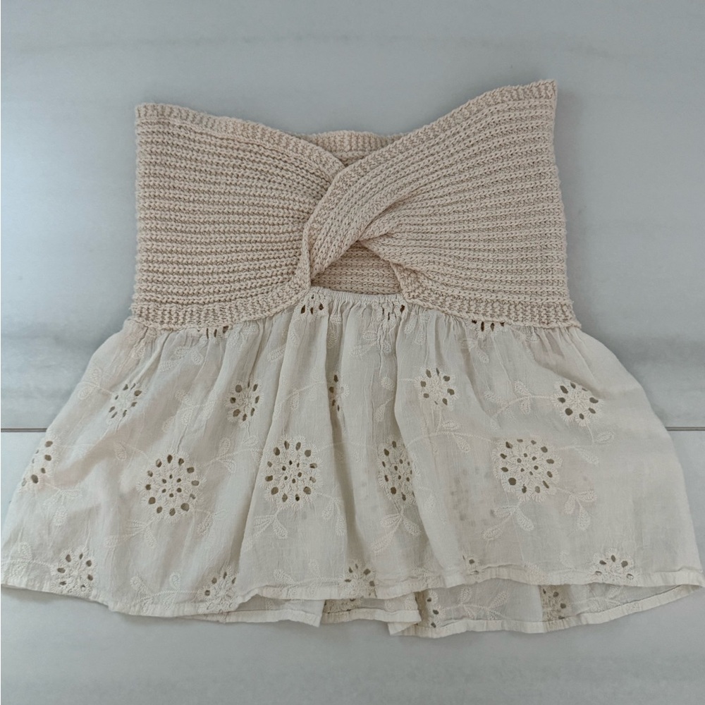 Cream Ribbed Tie Front Ruffled Blouse - Picture 2 of 3